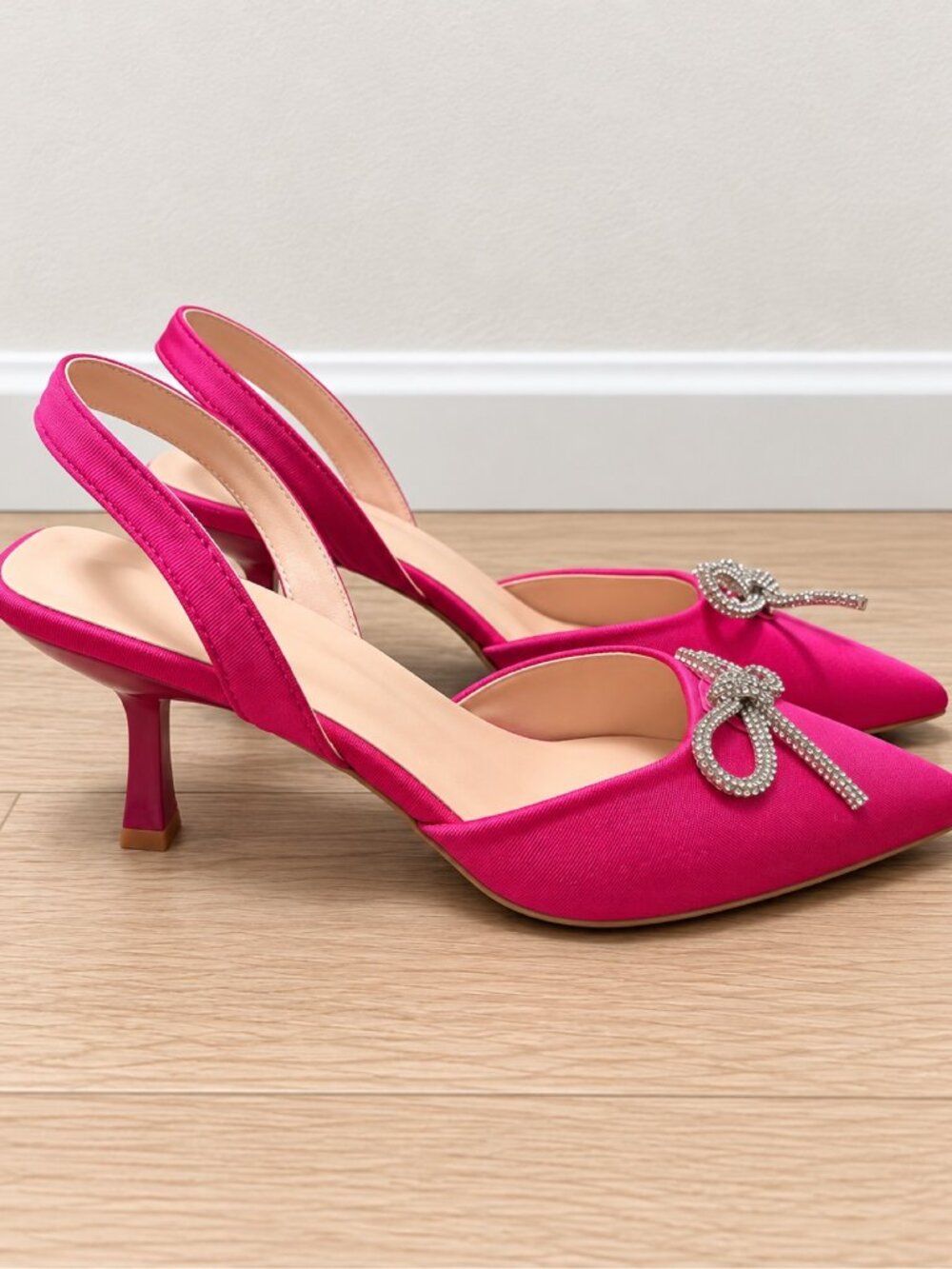 Hot Pink Satin Slingback Heels Rhinestone Bow Pointed Toe Womens 9